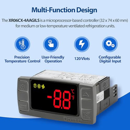 XR06CX-4AAGILS 32‑Bit Temperature Controller — Replacement for Dixell XR06CX, Programmable Digital Thermostat for 110–125V (50/60Hz) Commercial Refrigeration, Voltage Protection, Red Display - style: XR06CX-4AAGILS