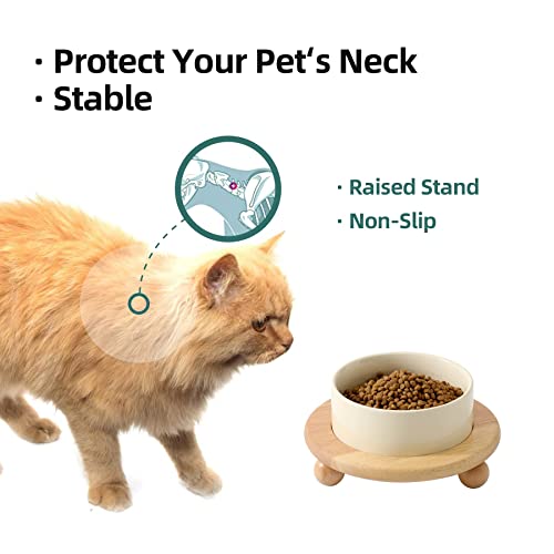 Havniva Raised Cat Bowl 5.1” Elevated Ceramic Cat Food and Water Bowl | Cat Bowls Elevated, Whisker Friendly Cat Bowl, Non-Slip Wood Stand, Food-Grade Ceramic, Wide Opening, Dishwasher Safe - color: Light Yellow, size: Bowl+Tray - 5.1"