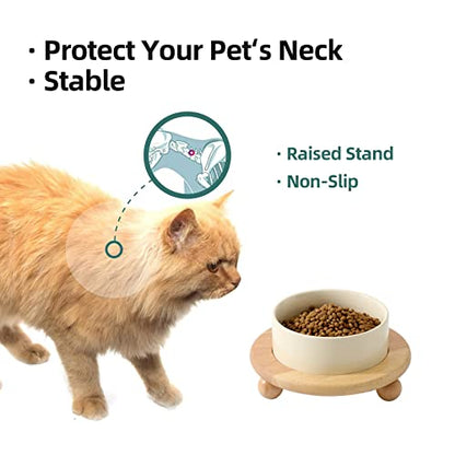 Havniva Raised Cat Bowl 5.1” Elevated Ceramic Cat Food and Water Bowl | Cat Bowls Elevated, Whisker Friendly Cat Bowl, Non-Slip Wood Stand, Food-Grade Ceramic, Wide Opening, Dishwasher Safe - color: Light Yellow, size: Bowl+Tray - 5.1"