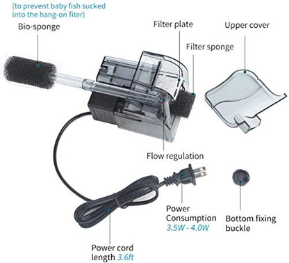 Aquarium Hang On Filter with Activated Carbon | Waterfall flow boosts oxygen, Wall-mounted space saver,5-10 Gal Ideal for small freshwater fish tanks