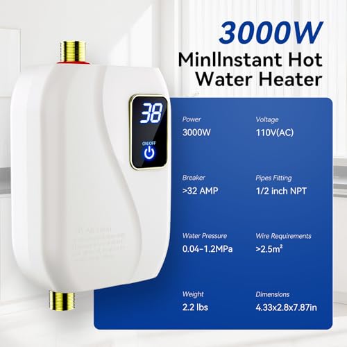 110V Tankless Water Heater Electric, 3000W Tankless Electric Water Heater Instant, Under Sink Water Heater with Digital Display, On Demand Hot Water Heaters Electric for Kitchen Washin Bathroom.