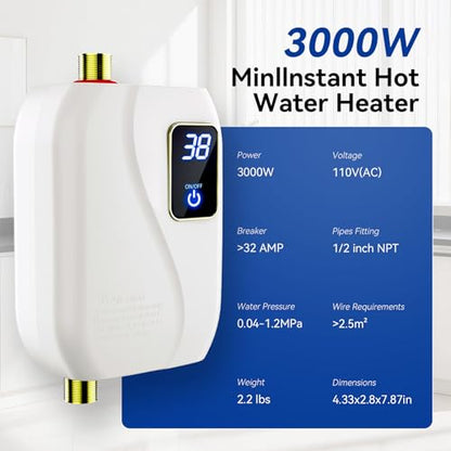 110V Tankless Water Heater Electric, 3000W Tankless Electric Water Heater Instant, Under Sink Water Heater with Digital Display, On Demand Hot Water Heaters Electric for Kitchen Washin Bathroom.