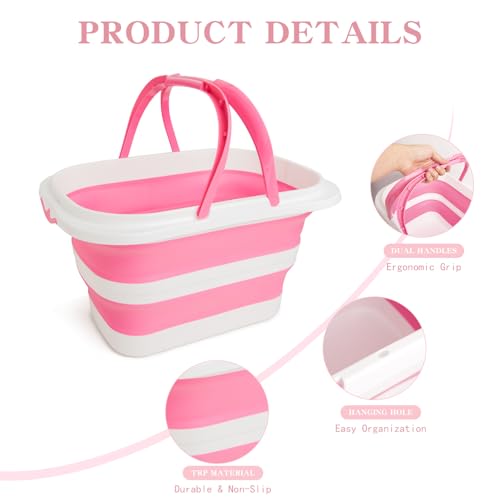 Large Collapsible Bucket for Cleaning, 4.2 Gallon (16L) Silicone Bucket with Handle & Hanging Hole, Foldable Space-Saving Mop Bucket for Home, Storage. Car Wash, Camping, Beach (Pink White) - color: Pink White