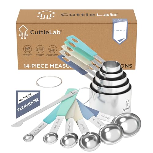 Measuring Cups and Measuring Spoons Set of 14 - Stainless Steel Measuring Cups and Spoons Set, Includes 1/8 Teaspoon Measuring Spoon, 1/8 Cup Measuring Cup, Leveler Dry (14, Farmhouse) - color: Farmhouse