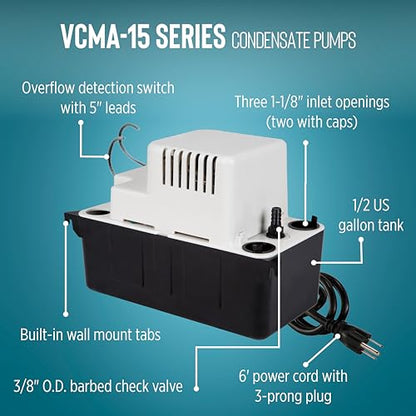 Little Giant VCMA-15ULST 115 Volt, 65 GPH, 1/50 HP Automatic Condensate Removal Pump for HVAC/Refrigeration Systems/Dehumidifiers with Overflow Detection Switch and 20-Foot Tubing, Black/White, 554415 - style: Includes Overflow Detection Switch/Tubing