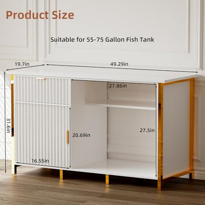 55-75 Gallon Fish Tank Stand, Aquarium Stand with LED Light, White & Gold | 49 x 20 In Top, Modern Fluted Design, 2 Outlets, 2 USB Ports, Shelf Storage, Metal Frame Support, 1100 LBS, Turtle Tank Stand - color: White and Gold