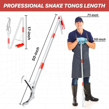 50" Collapsible Snake Grabber Tongs, Stainless Steel Snake Catcher Tool | Wide Jaws & Non-Slip Handle – Humane Reptile Handling Tool for Home, Yard & Outdoor Safety