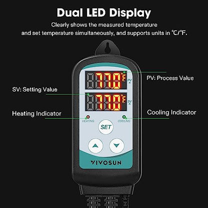 VIVOSUN 1500W Digital Temperature Controller, 2-Stage Outlet Thermostat Heating and Cooling Mode, Thermostat with Dual LED Display, for Homebrew Fermenter Greenhouse Terrarium, 110-240V 20A 1500W