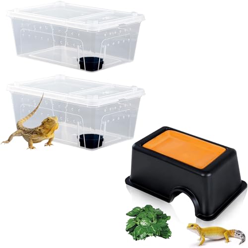 Hamiledyi 2PCS Reptile Feeding Box Snake Breeding Box Transparent Animal Habitat Cage and 4 Pcs Humid Hide for Leopard Gecko Moist Reptile Hide Box for Young Lizard Shedding