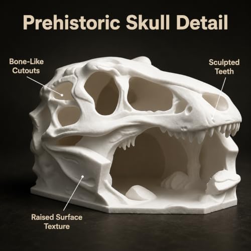3D Printed Reptile Hide Skull Cave, T Rex Head Terrarium Decor for Leopard Gecko Juvenile Corn Snake Lizard Habitat, White Accent for Small Pets, 3.94 in