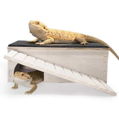 Large Bearded Dragon Basking Platform,Wooden Reptile Hide Cave with Slate Rock Climbing Ramp Tank Accessories for Leopard Geckos,Lizard,Snake,Tortoise - size: L:12.9×7.1×4.7"