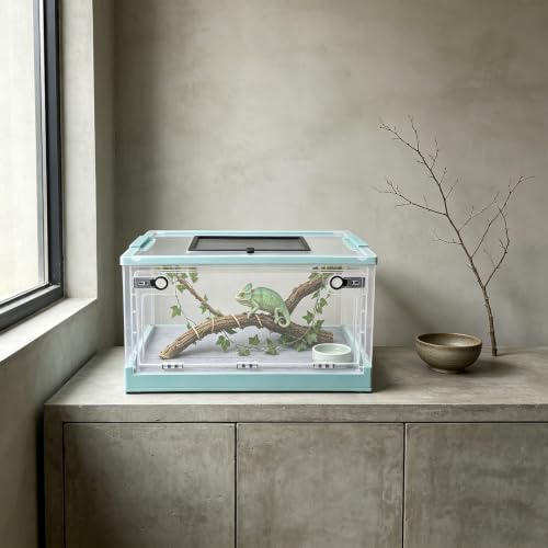 Terrarium for Reptiles Foldable, Portable Reptile Enclosure with Ventilation Mesh & Clear Panel, Small Animal Habitat Tank for Bearded Dragon Snake Gecko Lizard - color: Light Blue+Clear, Clear+Black