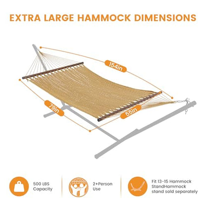 Lazy Daze Hammocks 13 FT Extra Large 2+ Person Caribbean Rope Hammock, Hand Woven Polyester XL Hammock with Spreader Bars, for Outside Outdoor Backyard Patio Poolside, 500 LBS Capacity, Tan - color: Tan