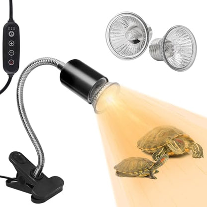 Reptile Heat Lamp with Clamp, Aquarium Turtle Tank Basking Light with 360° Rotatable, Timing, Dimming and 2 Pcs 50W UVA UVB Heat Light Bulb for Turtle, Lizard, Snake, Beared Dragon, Amphibians - size: Reptile Lamp-Dimmable and Timer