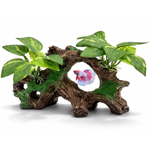 Aquarium Decorations Cave Silk Aquarium Plants Betta Fish Tank Decor | Soft & Safe Fish Tank Accessories, Aquarium Ornament for Beta Goldfish Bowl Decor, Artificial Driftwood Fish Cave - color: F Driftwood Cave Silk Plants