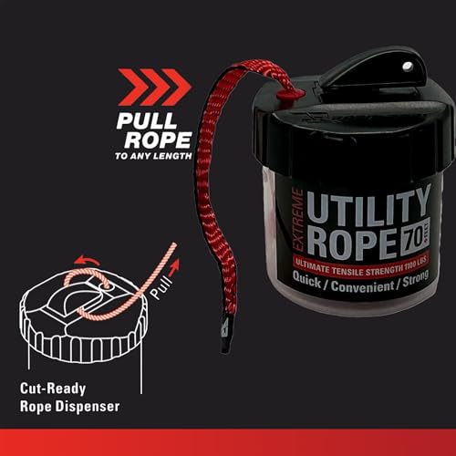 Rapid Rope Canister, 70ft Red Tactical Paracord, 1100lb Test, USA Made | Heavy Duty Poly Rope Test Cord, Non-Tangle Dispenser Included, For Hiking, Camping, Survival, Utility, Stocking Stuffer, Gift - size: 70ft, style: Red