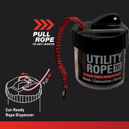 Rapid Rope Canister, 70ft Red Tactical Paracord, 1100lb Test, USA Made | Heavy Duty Poly Rope Test Cord, Non-Tangle Dispenser Included, For Hiking, Camping, Survival, Utility, Stocking Stuffer, Gift - size: 70ft, style: Red