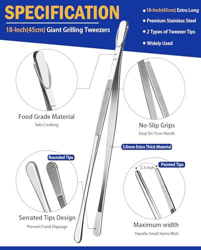 JETKONG 2 Pcs 18 Inch (45cm) Stainless Steel Grill Tongs Heavy Duty Giant Tweezer Tongs, Extra Large Tweezers Tools for Cooking, Grilling, BBQ and Turning Food (Silver) - color: Silver, size: 18+18 Inch