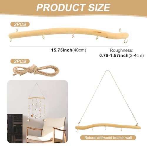2 Pack 15" Natural Driftwood Wall Hooks, Farmhouse Jewelry Organizer | Set of 2 rustic hanging branch organizers, for necklaces bracelets earrings, wall decor for bedroom bathroom entryway