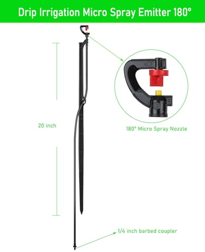 Drip Irrigation Micro Spray Emitters, 9 pcs | 180° 360° and Rectangular Sprinkler Nozzles, 3 pcs each nozzle type, 1/4-Inch Tubing, Barbed Inlet, 20-Inch High Stake - size: Mix 9 Sets Micro Spray Emitters