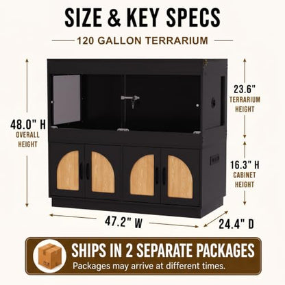 120 Gallon Reptile Terrarium Tank and Storage Cabinet, Black Finish | 4x2x2 Reptile terrarium with stand, glass doors, locking mesh top, acrylic side panels, built-in power, storage cabinet - color: Black
