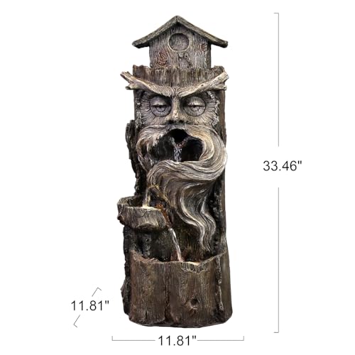 YZM Outdoor Floor Cascading Waterfall Tree Trunk Water Fountain 33.46" H | Patio Porch Backyard Garden Fountain with LED Lights Pump 3 Tiers Water Feature - color: Tree Trunk Brown