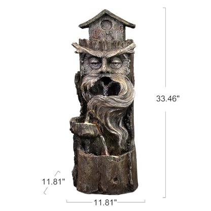 YZM Outdoor Floor Cascading Waterfall Tree Trunk Water Fountain 33.46" H | Patio Porch Backyard Garden Fountain with LED Lights Pump 3 Tiers Water Feature - color: Tree Trunk Brown