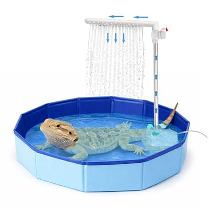 Bearded Dragon Tank Accessories Pool with Water Fountain Flow Control Valve | Foldable reptile bath pool and water fountain with 26-hole rain shower, quiet 5V pump.for bearded dragons, lizards, turtles