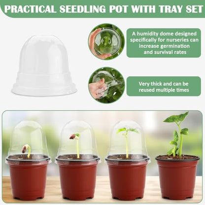 RooTrimmer 4 Inch 60 Pack Nursery Pots with Humidity Domes & 5 Pack 12 Cell Round Seedling Pot Carrying Trays, Sturdy Seeds Starter Pot Germination Set, Small Planter Nursery Propagation 5 Sets - color: Red + Black + Clear, size: 4 Inch 60 Pack Pots With