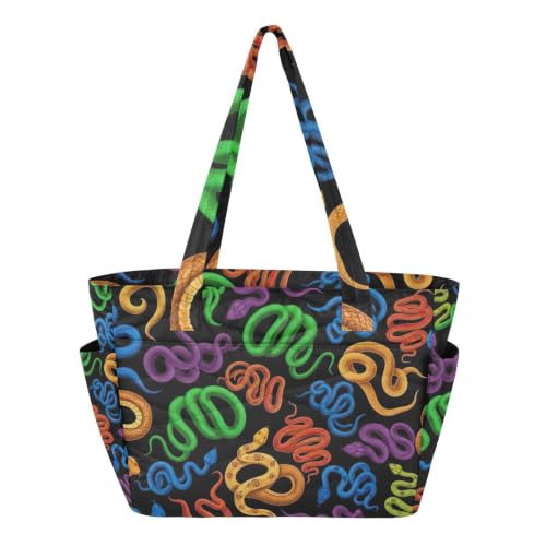 Colorful Snakes Black Tote Bag for Women, Lightweight Tote Bag for Travel | Laptop Compartment, Quilted Design