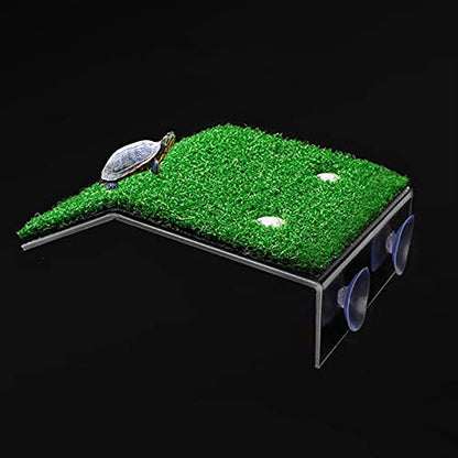 DoubleWood Lawn Turtle Basking Platform - Turtle Resting Platform with Simulation Grass, Ramp for Small Reptiles, Frogs, Terrapins (Medium) - size: Medium