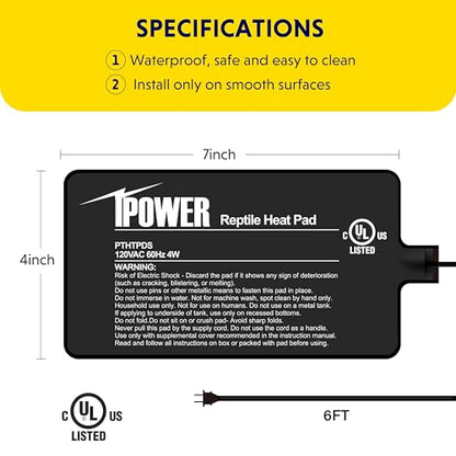 iPower 4x7 Inch Reptile Heating Pad, Under Tank Heater Terrarium Warmer Heat Mat for Turtles, Lizards, Frogs, Snakes, Safe & Energy-Efficient - color: Black/Heat Pad, size: 4" x 7"