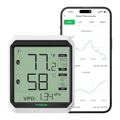 VIVOSUN Digital Hygrometer Thermometer Indoor, Humidity Meter, App Control | Wireless Bluetooth, Indoor, VPD, Data Storage, Dual Channels with Sensor Probe, Battery Included - style: Thermometer