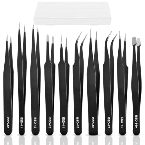 10Pcs Precision Tweezers Set, Upgraded Anti-Static Stainless Steel Tweezers with Storage Box, for Craft, Electronics, Jewelry-Making, Laboratory Work, Soldering, DIY