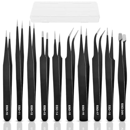 10Pcs Precision Tweezers Set, Upgraded Anti-Static Stainless Steel Tweezers with Storage Box, for Craft, Electronics, Jewelry-Making, Laboratory Work, Soldering, DIY