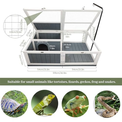 43in Tortoise Habitat for Indoor & Outdoor, Large Wooden Wooden Tortoise House with Adjustable Lamp Stand and Waterproof Tray, Turtle Habitat Reptile Cage, Tortoises Enclosure for Small Animals