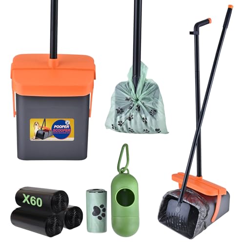 Dog Pooper Scooper for Large Dogs, 46" Long Handle Adjustable Pooper Scooper for Large Dogs，Dog Pooper Scooper with 75 Waste Bags，Large Capacity Swivel Bin & Rake