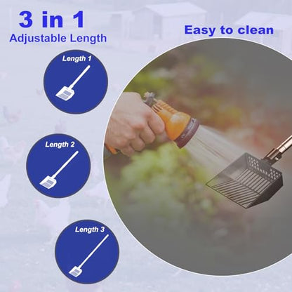 5.1in Width Small Metal Chicken Poop Scooper Litter Cleaning Shovel | Angle Adjustable / Metal made / No Back Bend over / Long Handle Adjust 19.7"-41.3" / Dog Cat Pet Goat Pen Garden Horse Barn