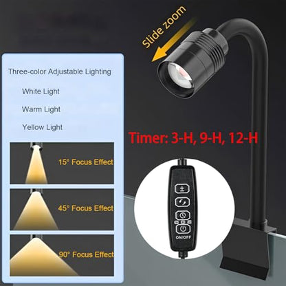 Mini Aquarium Spotlight with Timer, Clip-On Gooseneck Lamp, 15°-90° Zoom | Tri-Color White/Warm White/Warm Light, Dimmable 3W USB, 5.2 In Gooseneck, Fits Glass Up To 8mm - color: Black - with Timer