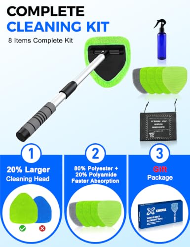 XINDELL 24-inch Windshield Cleaner Tool – Upgrade Large Head Car Interior&Exterior Window Cleaning Kit with Extendable Handle & 4 Microfiber Pads, Auto Wiper Brush for Car, Trucks, SUVs, RVs & Home - size: 24in