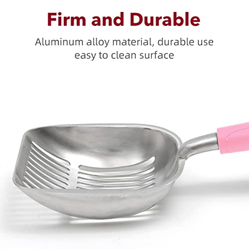 Cat Litter Scoop, Kitty Metal Scooper, Aluminum Alloy Sifter, Kitten Pooper Lifter, Deep Shovel, Long Handle, Poop Sifting, Durable, Heavy Duty, for Litter Box - color: Polished Aluminum-Pink Handle, size: Large