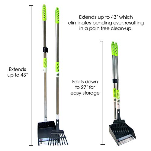 Aluminum Telescoping Metal Handled Poop Tray with Rake Sturdy Lightweight Pooper Scooper Extends 43" Long Scoop Great for Large & Small Dogs (2154)