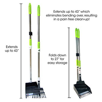 Aluminum Telescoping Metal Handled Poop Tray with Rake Sturdy Lightweight Pooper Scooper Extends 43" Long Scoop Great for Large & Small Dogs (2154)