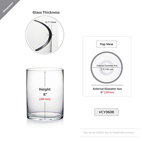 WGV Quality Thick Cylinder Vase, Width 6", Height 8", Clear Glass Container Terrarium Candle Holder for Wedding Centerpiece, Event, Home Decor, 1 Piece - size: 6"x8"H
