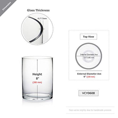 WGV Quality Thick Cylinder Vase, Width 6", Height 8", Clear Glass Container Terrarium Candle Holder for Wedding Centerpiece, Event, Home Decor, 1 Piece - size: 6"x8"H