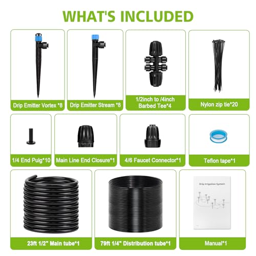 102FT Drip Irrigation System Kit, New Quick-Connect, Automatic Garden Watering Misting System for Greenhouse, Yard, Lawn, Plant with 1/2 inch Hose 1/4 inch Distribution Tubing and Accessories - size: 23FT 1/2''Main tube+79FT 1/4'' tube