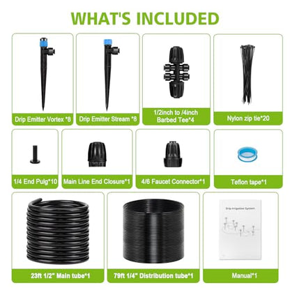 102FT Drip Irrigation System Kit, New Quick-Connect, Automatic Garden Watering Misting System for Greenhouse, Yard, Lawn, Plant with 1/2 inch Hose 1/4 inch Distribution Tubing and Accessories - size: 23FT 1/2''Main tube+79FT 1/4'' tube