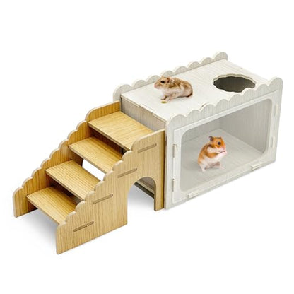 Fhiny Hamster Hideout Wooden Chamber with Climbing Ladder, Visible Hamster Digging Box with Acrylic Transparent Board Gerbil Platform Exploring House Habitat Decor for Dwarf Hamsters Gerbils Mice - size: 1-Chamber Digging Box with Ladder