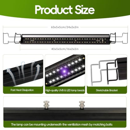 16-Inch UVB Reptile Light, Dimmable UVA UVB Lamp with Timer | 15W 6500K, 4 UVI Modes, Aluminum Fixture, For Turtles, Snakes, Turtle, Bearded Dragons