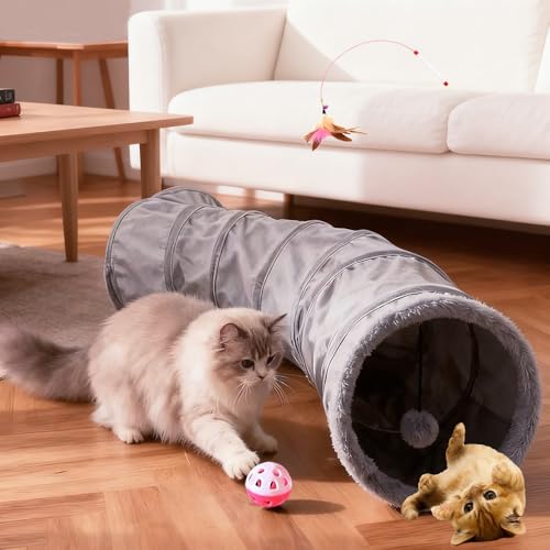 2-Way Collapsible Cat Tunnel Tube Toy Pack Set | Interactive Play Tunnel with Ball and Wand Toy for Indoor Cats, Kittens, Puppies & Rabbits - color: Grey fleece